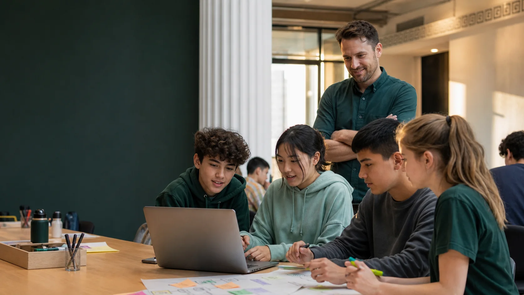 Four teenagers gathered around a laptop with an adult facilitator watching in a bright classroom.